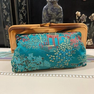 Vintage Teal Satin Kiss Lock Clutch - Image 1 of 4