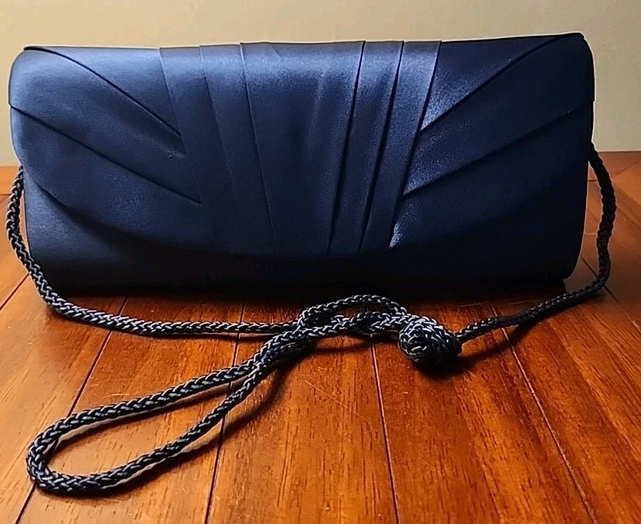 Bolso sin asas Jessica McClintock azul satinado de noche boda graduación fiesta usado en excelente estado Foto 1 de 4