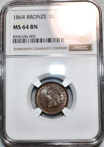 NGC MS-64 BN 1864 Bronze Indian Head Cent, Razor-Sharp, Blazing specimen! - Picture 1 of 2