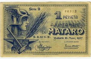 ☆ SPAIN CIVIL WAR 1937 • MATARO 1 pts. MUNICIPAL ☆ GUERRA CIVIL ESPAÑOLA  ☆D1559 - Picture 1 of 2