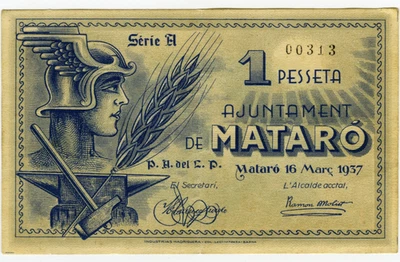 ☆ SPAIN CIVIL WAR 1937 • MATARO 1 pts. MUNICIPAL ☆ GUERRA CIVIL ESPAÑOLA  ☆D1559 - Image 1 of 2