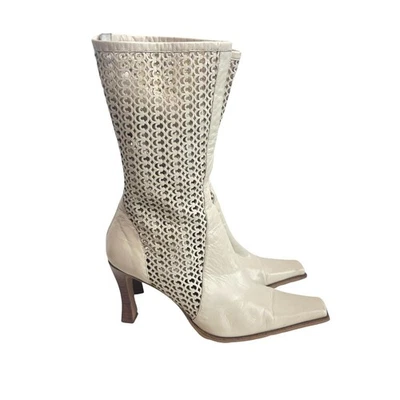 Vintage Laser Cut-out Leather Boots Size 38 US 7.5 Cream Pointed toes - Image 1 of 4