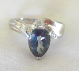 Solid 14k White Gold Pear Mystic Topaz Diamond Ring - 4.1 gms, Sz 8.75, 1.52 ctw - Picture 1 of 10