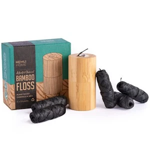 Vegan Bamboo Charcoal Dental Floss - 5-Pack - Refillable Bamboo Container - 5 X - Picture 1 of 7