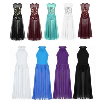 Girls Kids Ballet Dance Dress Long Maxi Lyrical Praise Modern Ballroom Dress - Image 1 of 4