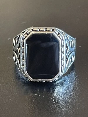 Модный черный обсидиан драгоценный камень S925 серебро покрытием мужчин кольцо размер 9,5 - Изображение 1 из 4