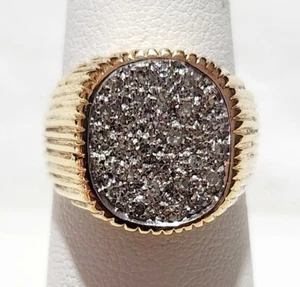 Gentleman's 14K Gold Ribbed Pave Diamond Signet Size 7.25 Pinky Ring 7 Grams - Picture 1 of 18