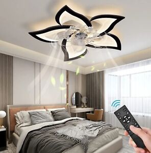 Low Profile Ceiling Fans with Lights,27.2” Black Modern Dimmable Flower Remote