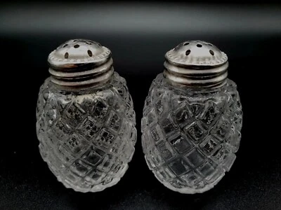 Sterling Silver Diamond Cut Glass Salt & Pepper Shakers Vintage 2 pcs  - Image 1 of 4