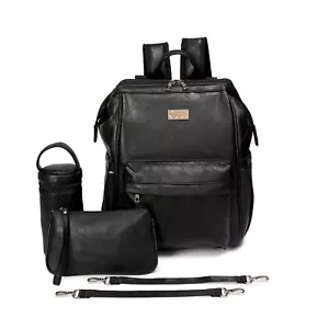 ELF PHOENIX Nappy Bag Backpack Faux Leather Black 5pcs Diaper Baby Mummy Gift - Picture 1 of 14