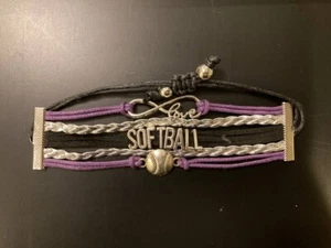 Softball Adjustable Bracelet Purple, Metal and Black Free Shipping - Picture 1 of 3