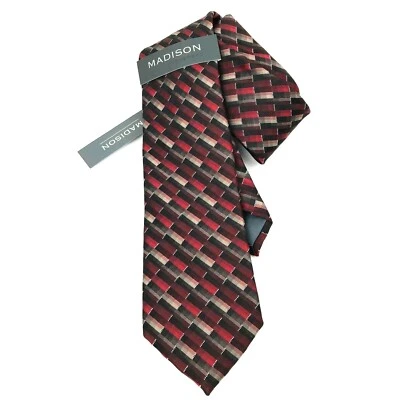 New MADISON Mens Classic Neck Tie 100% Silk Geometric Black & Red NWT Free Ship - Image 1 of 4