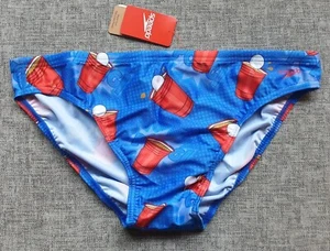 Speedo Mens Escape Beer Pong Games Swim Briefs Trunks 5cm Blue Size M-L 14-16 - Picture 1 of 6