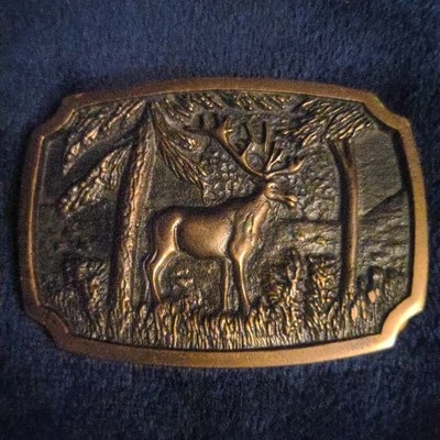 Vintage BTS Solid Brass Belt Buckle Elk Moose Scene Forest Woods, USA 1970s/80s - Image 1 of 4