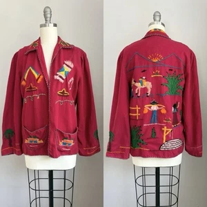 Vintage 40s 50s Red Wool Embroidered Mexican Souvenir Tourist Jacket S/M - Picture 1 of 24