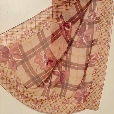 Vintage Laura Ashley Silk Scarf Floral Plaid Square 34 x 34 in  Neutral tones - Image 1 of 4