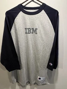 Vintage IBM Champion 90s Computers T-Shirt 3/4 Sleeve Mens LG Blue Gray Baseball - Picture 1 of 9
