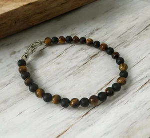 David Yurman schwarzer Onyx & Tigerauge 6 mm Herren Silber spirituelle Perlen Armband - Bild 1 von 3