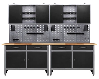 Ondis24 Werkstatt Set 240cm 2x Werkbank Metall 2x Werkzeugschrank Lochwand Haken