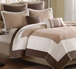 BROWN IVORY BLOCK 7pc King / Cal King QUILT SET : BEIGE MATELASSE MEDALLION - Picture 1 of 6