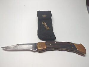Vintage Buck 110 USA Folding Knife Brass & Walnut Stock 1980 With Sheath Nice
