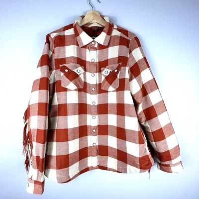 Cruel Denim® Damas Naranja Rojo Flecos Camisa a Cuadros Chaqueta Perla Broches de presión, Talla L Foto 1 de 4