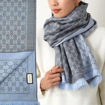 NUEVO GUCCI Gris Azul Lana GG Monograma Reversible Plantilla Bufanda $520 Auténtico Foto 1 de 4