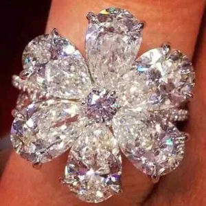 3Ct Pear Lab Created Diamond Women's Wedding Rings 14K White Gold Plated Silver - Picture 1 of 7