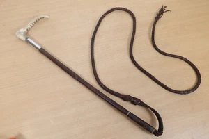 Antique Horse Riding Crop Leather Whip Silver Collar Stag Antler Handle 1928 20s - Picture 1 of 16