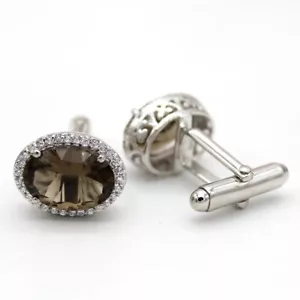 Exquisite Quarzo Fumè & Cz Halo Gemelli 925 Argento Sterling Dello Sposo Regalo - Foto 1 di 5