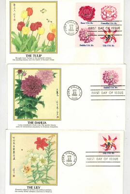 1981 FLOWERS SET OF 5 FLEETWOOD COLOR FDCs INC BLOCK - TULIP ROSE LILY DAHLIA et - Image 1 of 3