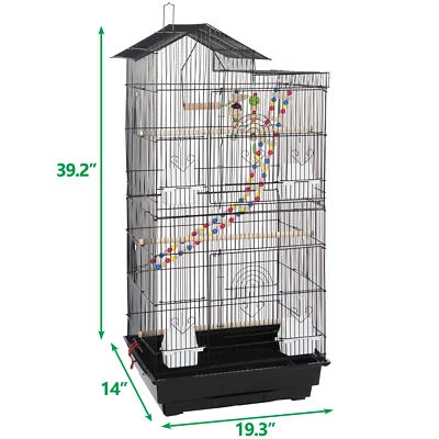SEGAWE 39'' Roof Top Flight Bird Cage with Toys Cockatiel Conure Parakeet Cage Black