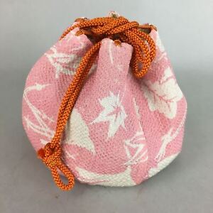 Japanese Cloth Drawstring Bag Vtg Fabric Kimono Pouch Pink Leaf KB17