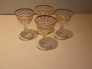 Vintage Set 4 Stiel Cocktailgläser, blau gepunktet auf matt weiß - Bild 1 von 6
