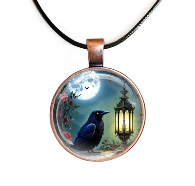 Black Raven Crow Bird Full Moon Flowers Gothic Glass Necklace Bronze Pendant  - Image 1 of 4