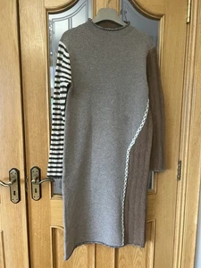 100% Wolle Damen Natur Langarm Strick Midi Kleid Braun/Bunt M - Bild 1 von 24