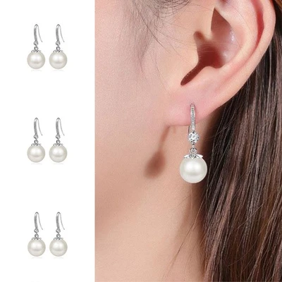 Fashion Charm Drop Hook Earrings Gift Jewellery Crystal Pearl Silver Girls - Image 1 of 4