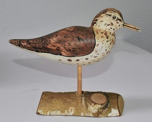 1990 Swett Hand Carved & Painted Spotted Sandpiper Bird - Wood Folk Art on Stand - Picture 1 of 7