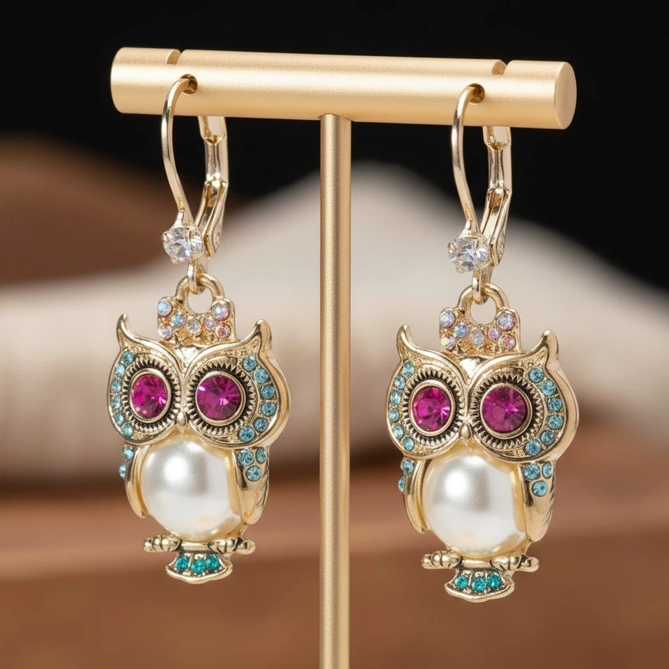 Pendientes colgantes Betsey Johnson perla búho - Acentos de piedra mixta Critter tono dorado Foto 1 de 4