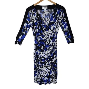 Joseph Ribkoff Dress Size 10 Blue Cheetah Print Long Slv Faux Wrap Ruched V-neck - Imagen 1 de 10