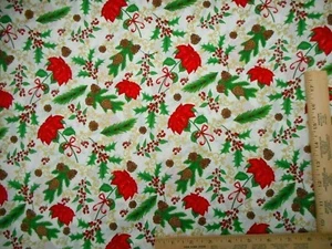Christmas Fabric By Half-Yard Red Poinsettia Pinecone Met Gold Ivory Cotton #30 - Picture 1 of 2