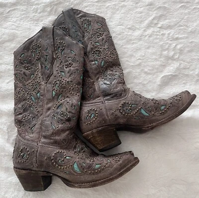 Botas Corral Vintage Mujer Talla 5.5, Marrón Cráter Turquesa Incrustación Foto 1 de 4