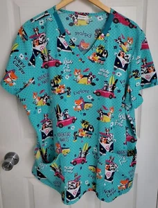 DICKIES Scrub Top Women's VW Bug Van Dogs Animals Fur Baby Love Uniform Size 2XL - Picture 1 of 5