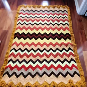 Manta Vintage Chevron Crochet Afgana Flecos Marrón Amarillo Naranja Bronceado Otoño Años 70 - Imagen 1 de 5