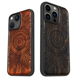 Magnetic Wood Case for iPhone 12 13 14 15 16 Pro Max Plus MagSafe Cover Mandala - Picture 1 of 13