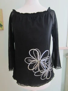 Maglia nera in tulle elasticizzato con decoro floreale con paillettes tg M - Foto 1 di 2