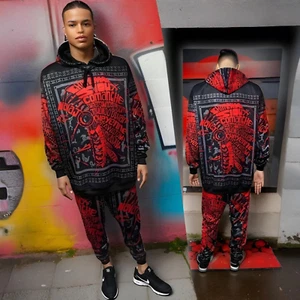 ^TRIBE VIBES^ (RED-GREY-BLACK) FULL HOODED PULLOVER SWEATSUITS - Bild 1 von 12