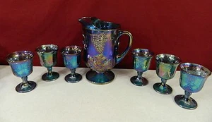  Brocca Uva e 6 Bicchieri Stelo Indiana Vetro Blu Raccolta Carnevale  - Foto 1 di 7