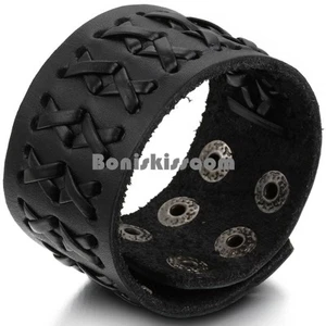 Men's Punk Wide Black Cross Braided Leather Wirstband Cuff Bracelet Adjustable - Picture 1 of 4