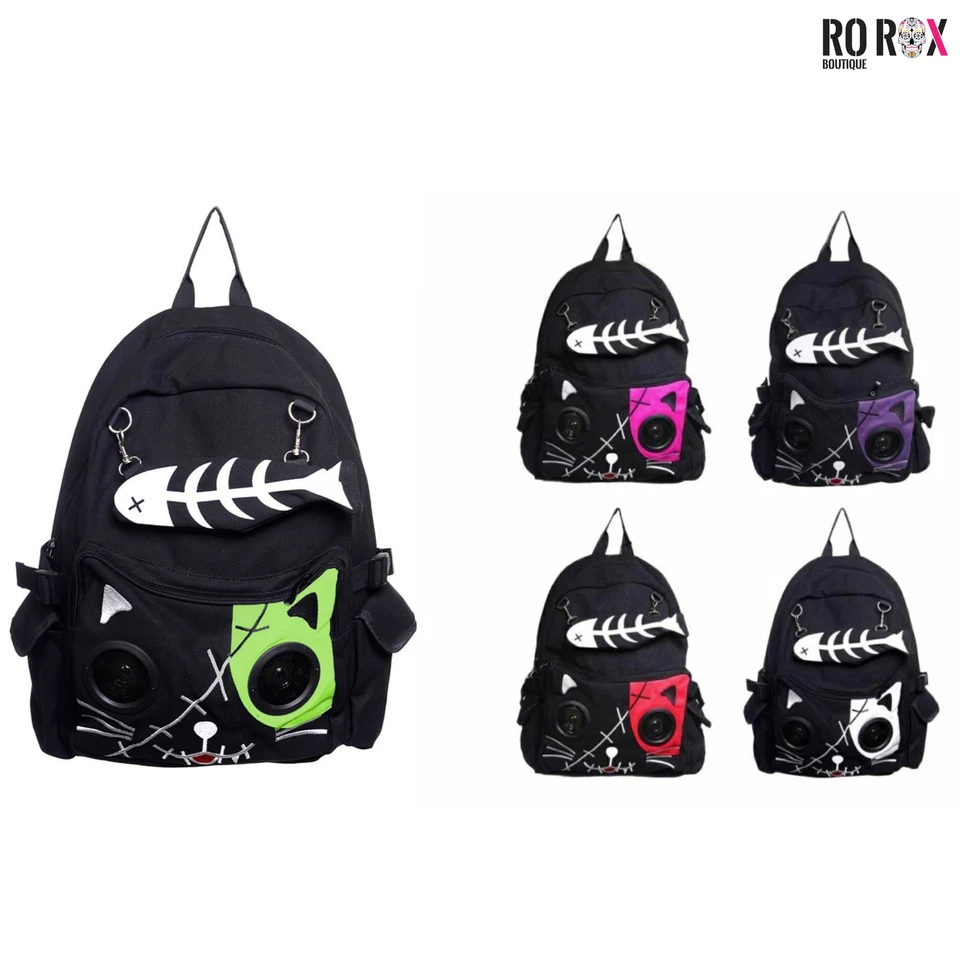 BANNED APPAREL Banned Music Speaker Backpack Apparel Kitty Fish Bone School Uni Festival Bag